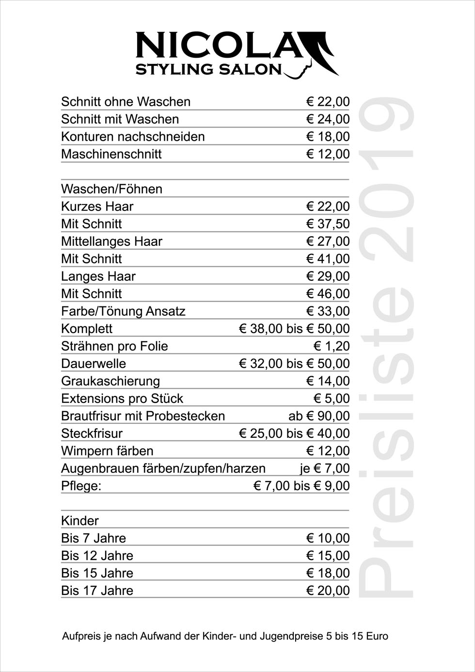 Unsere Preisliste STYLING SALON NICOLA Nicola Bopp Friseur Tirol